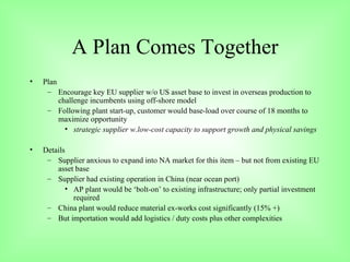 A Plan Comes Together Plan Encourage key EU supplier w/o US asset base to invest in overseas production to challenge incumbents using off-shore model Following plant start-up, customer would base-load over course of 18 months to maximize opportunity strategic supplier w.low-cost capacity to support growth and physical savings Details Supplier anxious to expand into NA market for this item – but not from existing EU asset base Supplier had existing operation in China (near ocean port) AP plant would be ‘bolt-on’ to existing infrastructure; only partial investment required China plant would reduce material ex-works cost significantly (15% +) But importation would add logistics / duty costs plus other complexities 
