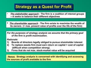 Strategy as a Quest for Profit
         Strategy as a Quest for Profit
•   The stakeholder approach : The firm is a coalition of interest groups
    —it seeks to balance their different objectives

 The shareholder approach : The firm exists to maximize the wealth of
    its owners (= max. present value of profits over the life of the firm)


For the purposes of strategy analysis we assume that the primary goal
    of the firm is profit maximization.
Rationale:
1) Boards of directors legally obliged to pursue shareholder interest
2) To replace assets firm must earn return on capital > cost of capital
     (difficult when competition strong).
3) Firms that do not max. stock-market value will be acquired

 Hence: Strategy analysis is concerned with identifying and accessing
the sources of profit available to the firm
 