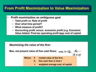 From Profit Maximization to Value Maximization
From Profit Maximization to Value Maximization

 • Profit maximization an ambiguous goal
    –   Total profit vs. Rate of profit
    –   Over what time period?
    –   What measure of profit?
    –   Accounting profit versus economic profit (e.g. Economic
        Value Added: Post-tax operating profit less cost of capital



  Maximizing the value of the firm:

  Max. net present value of free cash flows: max. V = Σ t          Ct
                                                                 (1 + r)t
                Where:   V    market value of the firm.
                         Ct   free cash flow in time t
                         r    weighted average cost of capital
 