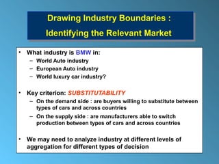 Drawing Industry Boundaries ::
           Drawing Industry Boundaries
          Identifying the Relevant Market
           Identifying the Relevant Market
•   What industry is BMW in:
    – World Auto industry
    – European Auto industry
    – World luxury car industry?


•   Key criterion: SUBSTITUTABILITY
    – On the demand side : are buyers willing to substitute between
      types of cars and across countries
    – On the supply side : are manufacturers able to switch
      production between types of cars and across countries

•   We may need to analyze industry at different levels of
    aggregation for different types of decision
 