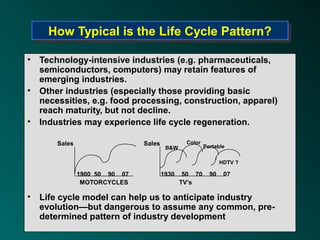 How Typical is the Life Cycle Pattern?
    How Typical is the Life Cycle Pattern?
• Technology-intensive industries (e.g. pharmaceuticals,
  semiconductors, computers) may retain features of
  emerging industries.
• Other industries (especially those providing basic
  necessities, e.g. food processing, construction, apparel)
  reach maturity, but not decline.
• Industries may experience life cycle regeneration.

       Sales                   Sales           Color
                                        B&W            Portable


                                                              HDTV ?

               1900 50 90 07           1930    50 70     90    07
                MOTORCYCLES                   TV’s

• Life cycle model can help us to anticipate industry
  evolution—but dangerous to assume any common, pre-
  determined pattern of industry development
 
