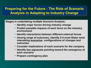 Preparing for the Future :: The Role of Scenario
Preparing for the Future The Role of Scenario
   Analysis in Adapting to Industry Change
   Analysis in Adapting to Industry Change

Stages in undertaking multiple Scenario Analysis:
       • Identify major forces driving industry change
       • Predict possible impacts of each force on the industry
         environment
       • Identify interactions between different external forces
       • Among range of outcomes, identify 2-4 most likely/ most
         interesting scenarios: configurations of changes and
         outcomes
       • Consider implications of each scenario for the company
       • Identify key signposts pointing toward the emergence of
         each scenario
       • Prepare contingency plan
 