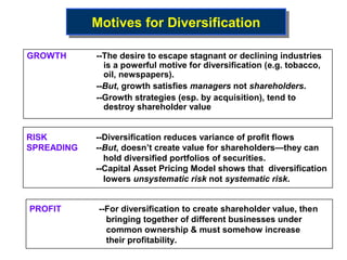 Motives for Diversification
            Motives for Diversification

GROWTH      --The desire to escape stagnant or declining industries
              is a powerful motive for diversification (e.g. tobacco,
              oil, newspapers).
            --But, growth satisfies managers not shareholders.
            --Growth strategies (esp. by acquisition), tend to
              destroy shareholder value


RISK        --Diversification reduces variance of profit flows
SPREADING   --But, doesn’t create value for shareholders—they can
              hold diversified portfolios of securities.
            --Capital Asset Pricing Model shows that diversification
              lowers unsystematic risk not systematic risk.


PROFIT       --For diversification to create shareholder value, then
               bringing together of different businesses under
               common ownership & must somehow increase
               their profitability.
 