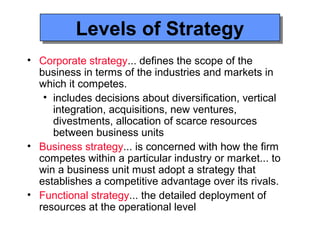 Levels of Strategy
          Levels of Strategy
• Corporate strategy... defines the scope of the
  business in terms of the industries and markets in
  which it competes.
   • includes decisions about diversification, vertical
     integration, acquisitions, new ventures,
     divestments, allocation of scarce resources
     between business units
• Business strategy... is concerned with how the firm
  competes within a particular industry or market... to
  win a business unit must adopt a strategy that
  establishes a competitive advantage over its rivals.
• Functional strategy... the detailed deployment of
  resources at the operational level
 