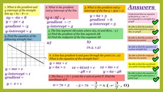 Answers
Understand that an equation
of the form y = mx + c
corresponds to a straight line
graph
Be able to find the gradient
and y-intercept from a given
line, or graph
Be able to find the equation of
a given straight line
Be able to form the equation of
a straight light when given a
point (x,y)
Be able to find the midpoint
between two points
Be able to find the gradient
between two points
Be able to find the coordinate
of a point crossing either axis
7. The line y = 7x + 3 cuts the x-axis at point P. Find the
coordinate of P.
1. What is the gradient and
y-intercept of the straight
line 2y + 6x – 8 = 0
2. What is the gradient
and y-intercept of the line
y = 4 – 7x?
3. What is the gradient and y-
intercept of the line y = 3(2x + 1)
4. Find the equation of the
following straight line:
5. The line segment AB exists where A(3, 6) and B(10, - 3 )
a) Find the gradient of the line segment AB
b) Find the midpoint of the line segment AB
6. A line has gradient 6 and goes through the point (10, 12).
What is the equation of the straight line?
2y = -6x + 8
y = -3x + 4
gradient = -3
y-intercept = 4
y = -7x + 4
gradient = -7
y-intercept = 4
y = 6x + 3
gradient = 6
y-intercept = 3
y = mx + c
gradient =
y-intercept = 1
y = x + 1
a) b)
(6.5, 1.5)
y = mx + c
y = 6x + c 12 = 6(10) + c 12 = 60 + c
- 48 = c y = 6x - 48
0 = 7x + 3 - 3 = 7x −
3
7
= x →
( −
3
7
, 0)
 