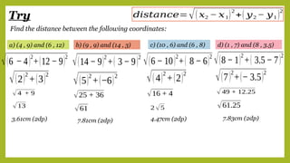 Try
Find the distance between the following coordinates:
a) (4 , 9) and (6 , 12) b) (9 , 9) and (14 , 3)
√(6 − 4)
2
+(12 − 9)
2
𝑑𝑖𝑠𝑡𝑎𝑛𝑐𝑒=√(𝑥2 − 𝑥1)
2
+( 𝑦2 − 𝑦1 )
2
c) (10 , 6) and (6 , 8) d) (1 , 7) and (8 , 3.5)
√(2)
2
+(3)
2
√ 4 + 9
√13
3.61cm (2dp)
√(14 − 9)
2
+( 3 − 9)
2
√(5)
2
+(−6)
2
√25 + 36
√61
7.81cm (2dp)
√(6 − 10)
2
+( 8 − 6)
2
√(4)
2
+(2)
2
√16 + 4
2 √5
4.47cm (2dp)
√(8 − 1)
2
+( 3.5 − 7)
2
√(7)
2
+(− 3.5)
2
√61.25
7.83cm (2dp)
√ 49 + 12.25
 