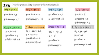 Try Find the gradient and y-intercept of the following lines:
a) y = 3x + 7 b) y = -4x - 3 c) y = 9 – 3x d) y – 2x = 5
e) 5y = 15x + 20 f) e) 6y + 12x = 24 g) 11y + 5x = -4 h) 6y – 3x + 36 = 0
gradient = 3
y-intercept =7
gradient = - 4
y-intercept = - 3
gradient = - 3
y-intercept = 9 gradient = 2
y-intercept = 5
y = 2x + 5
gradient = 3
y-intercept = 4
y = 3x + 4
gradient = - 2
y-intercept = 4
6y = - 12x + 24
y = - 2x + 4
gradient =
y-intercept =
11y = - 5x - 4
y = - x -
gradient =
y-intercept = - 6
6y = 3x - 36
y = x - 6
 