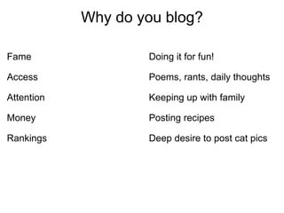 Why do you blog? Fame Access Attention Money Rankings Doing it for fun!   Poems, rants, daily thoughts    Keeping up with family   Posting recipes   Deep desire to post cat pics  