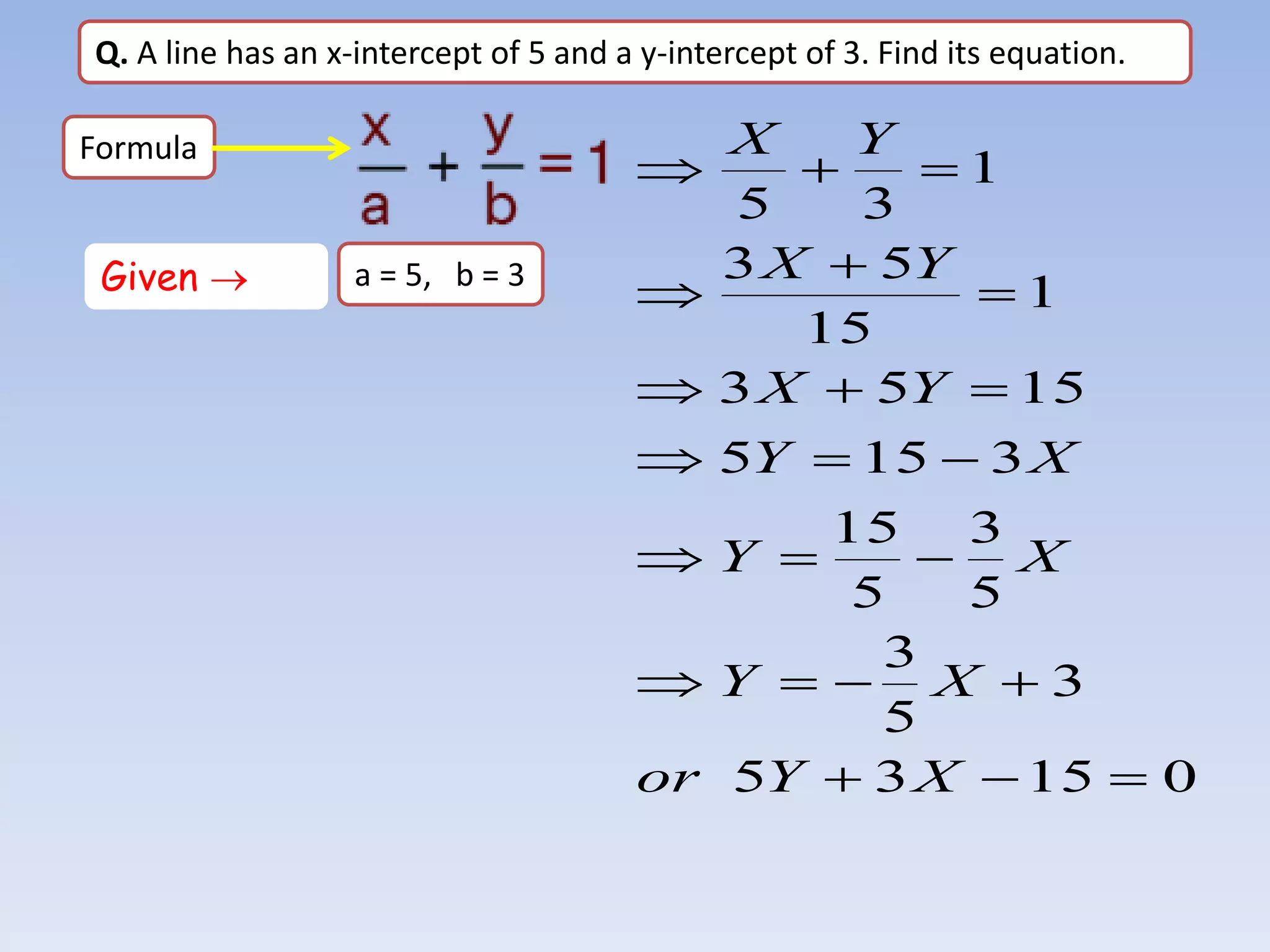 Q. A line has an x-intercept of 5 and a y-intercept of 3. Find its equation.
Formula
a = 5, b = 3
0
15
3
5
3
5
3
5
3
5
15
3
15
5
15
5
3
1
15
5
3
1
3
5






















X
Y
or
X
Y
X
Y
X
Y
Y
X
Y
X
Y
X
Given 
 