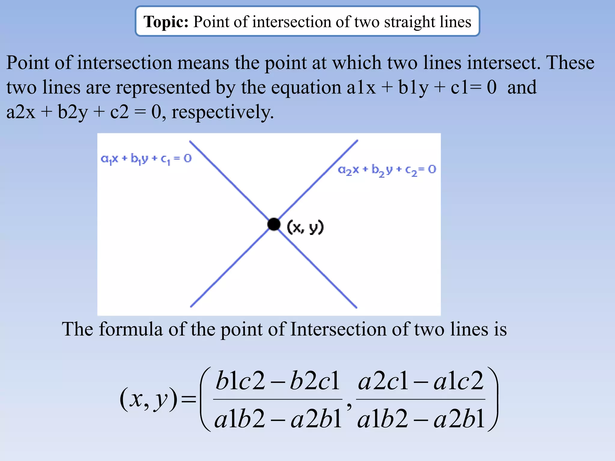 Topic: Point of intersection of two straight lines
Point of intersection means the point at which two lines intersect. These
two lines are represented by the equation a1x + b1y + c1= 0 and
a2x + b2y + c2 = 0, respectively.
The formula of the point of Intersection of two lines is











1
2
2
1
2
1
1
2
,
1
2
2
1
1
2
2
1
)
,
(
b
a
b
a
c
a
c
a
b
a
b
a
c
b
c
b
y
x
 