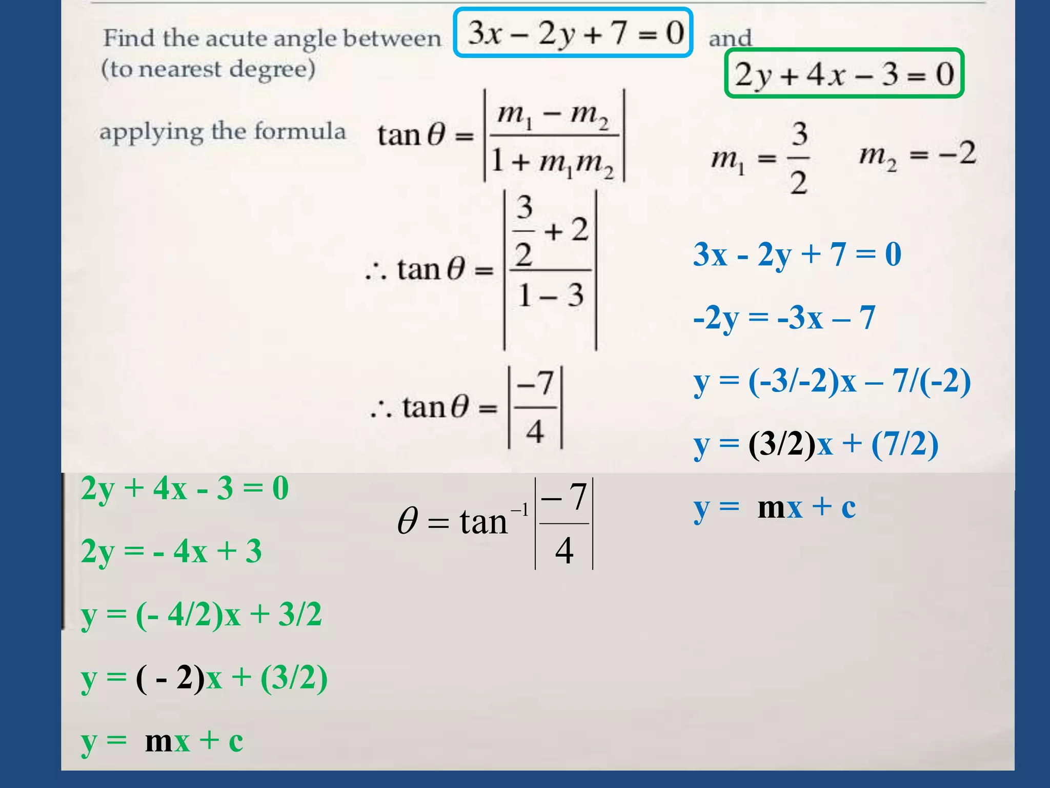 3x - 2y + 7 = 0
-2y = -3x – 7
y = (-3/-2)x – 7/(-2)
y = (3/2)x + (7/2)
y = mx + c
2y + 4x - 3 = 0
2y = - 4x + 3
y = (- 4/2)x + 3/2
y = ( - 2)x + (3/2)
y = mx + c
4
7
tan 1 
 

 