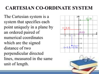 The Cartesian system is a
system that specifies each
point uniquely in a plane by
an ordered paired of
numerical coordinates
which are the signed
distance of two
perpendicular directed
lines, measured in the same
unit of length.
 
