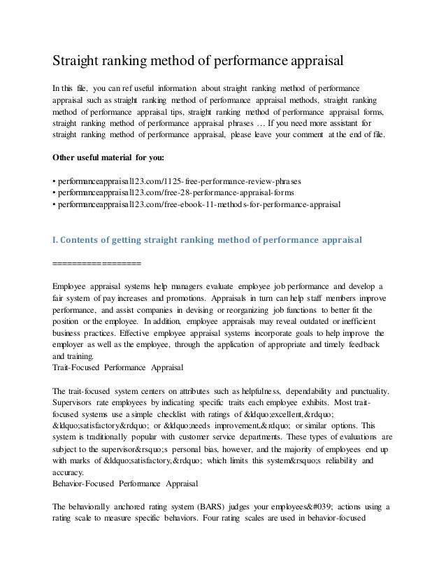 Straight Ranking Method Of Performance Appraisal Straight Ranking Method Of Performance Appraisal