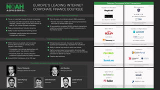 Selected Completed NOAH Transactions
Focus on Leading European Internet companies
Covering over 400 companies across 25 online
verticals, a broad range of over 500 investors as
well as 100+ online-focused corporates
Deep understanding of industry dynamics
Ability to add value beyond banking advice
Facilitates overall process and minimizes
management distraction
NOAH Advisors is globally well connected
and has direct access to virtually all key
players in the industry
Knowledge of and strong relationships with
potential buyers’ key decision makers
Proactively finds and unlocks attractive
investment opportunities for leading investors
Annual NOAH Conference in its 10th year
Over 40 years of combined relevant M&A experience
Routine execution of M&A and financing transactions
with sizes of several billion euros
30 successfully completed NOAH Advisors transactions
underline successful transfer of M&A competencies to
the Internet sector
Entrepreneurial mind-set, focused on growing the
business and establishing a reputation for excellence
Ability to deliver top results in short time frames
Highly success-based compensation structures align
interests of clients and NOAH Advisors, and demonstrate
conviction to deliver top results
Creative deal solutions
Unique Industry Know-How
Unmatched Network and Relationships
Strong Investment Banking Competence
Full Commitment - We Are Entrepreneurs!
EUROPE’S LEADING INTERNET
CORPORATE FINANCE BOUTIQUE®
The NOAH Advisors Core Banking Team
Marco Rodzynek
Managing Director & Founder
Jan Brandes
Managing Director
Nikhil Parmar
Director
Olek Skwarczek
Associate
Lukas Schlund
Analyst
December 2014 October 2014
Sale of 100% of
for $800m to
Exclusive Financial Advisor to
Fotolia and the Selling Shareholders
Sale of 100% of
for €80m to
Exclusive Financial Advisor to
Trovit and its Shareholders
October 2016
Investment in
Exclusive Financial Advisor to KäuferPortal
and its Shareholders
by
84% Ownership
December 2016
August 2017
Financial Advisor to Silver Lake
Financial Advisor to EMK Capital
Investment in
Acquisition of a Majority Stake in
by
by
at a valuation of $200m
November 2019 July 2019
September 2018
Financial Advisor to MagicLab
Financial Advisor to AU10TIX
and its shareholders
Financial Advisor to 10bis
and its shareholders
Acquisition of a 79% stake in $60m Investment in
Sale of 100% in
by
at a valuation of ~$3 billion
at a valuation of $260m by
for €135m to
10Bis
 