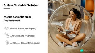 A New Scalable Solution
Mobile cosmetic smile
improvement
Invisible (custom clear aligners)
Affordable (50 to 70% cheaper)
At Home (on demand dental service)
 