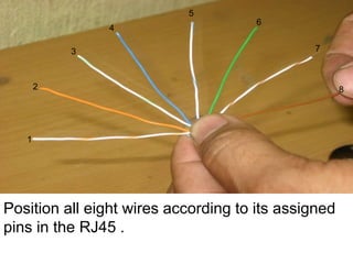 Position all eight wires according to its assigned
pins in the RJ45 .
1
2
3
4
5
6
7
8
 