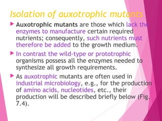 Isolation of auxotrophic mutants
 Auxotrophic mutants are those which lack the
enzymes to manufacture certain required
nutrients; consequently, such nutrients must
therefore be added to the growth medium.
 In contrast the wild-type or prototrophic
organisms possess all the enzymes needed to
synthesize all growth requirements.
 As auxotrophic mutants are often used in
industrial microbiology, e.g., for the production
of amino acids, nucleotides, etc., their
production will be described briefly below (Fig.
7.4).
 