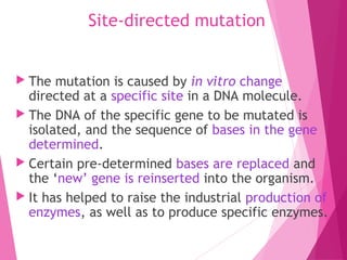 Site-directed mutation
 The mutation is caused by in vitro change
directed at a specific site in a DNA molecule.
 The DNA of the specific gene to be mutated is
isolated, and the sequence of bases in the gene
determined.
 Certain pre-determined bases are replaced and
the ‘new’ gene is reinserted into the organism.
 It has helped to raise the industrial production of
enzymes, as well as to produce specific enzymes.
 