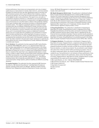 8 | Global Insight Weekly
October 5, 2017 | RBC Wealth Management
to future performance, future returns are not guaranteed, and a loss of original
capital may occur. Every province in Canada, state in the U.S., and most countries
throughout the world have their own laws regulating the types of securities and
other investment products which may be offered to their residents, as well as
the process for doing so. As a result, the securities discussed in this report may
not be eligible for sale in some jurisdictions. This report is not, and under no
circumstances should be construed as, a solicitation to act as securities broker or
dealer in any jurisdiction by any person or company that is not legally permitted to
carry on the business of a securities broker or dealer in that jurisdiction. Nothing
in this report constitutes legal, accounting or tax advice or individually tailored
investment advice. This material is prepared for general circulation to clients,
including clients who are affiliates of Royal Bank of Canada, and does not have
regard to the particular circumstances or needs of any specific person who may
read it. The investments or services contained in this report may not be suitable
for you and it is recommended that you consult an independent investment
advisor if you are in doubt about the suitability of such investments or services.
To the full extent permitted by law neither Royal Bank of Canada nor any of its
affiliates, nor any other person, accepts any liability whatsoever for any direct or
consequential loss arising from any use of this report or the information contained
herein. No matter contained in this document may be reproduced or copied by any
means without the prior consent of Royal Bank of Canada. Additional information
is available upon request.
To U.S. Residents: This publication has been approved by RBC Capital Markets,
LLC, Member NYSE/FINRA/SIPC, which is a U.S. registered broker-dealer and
which accepts responsibility for this report and its dissemination in the United
States. RBC Capital Markets, LLC, is an indirect wholly-owned subsidiary of the
Royal Bank of Canada and, as such, is a related issuer of Royal Bank of Canada.
Any U.S. recipient of this report that is not a registered broker-dealer or a bank
acting in a broker or dealer capacity and that wishes further information regarding,
or to effect any transaction in, any of the securities discussed in this report,
should contact and place orders with RBC Capital Markets, LLC. International
investing involves risks not typically associated with U.S. investing, including
currency fluctuation, foreign taxation, political instability and different accounting
standards.
To Canadian Residents: This publication has been approved by RBC Dominion
Securities Inc. RBC Dominion Securities Inc.* and Royal Bank of Canada are
separate corporate entities which are affiliated. *Member-Canadian Investor
Protection Fund. ®Registered trademark of Royal Bank of Canada. Used under
license. RBC Wealth Management is a registered trademark of Royal Bank of
Canada. Used under license.
RBC Wealth Management (British Isles): This publication is distributed by Royal
Bank of Canada Investment Management (U.K.) Limited and RBC Investment
Solutions (CI) Limited. Royal Bank of Canada Investment Management (U.K.)
Limited is authorised and regulated by the Financial Conduct Authority (Reference
number: 146504). Registered office: Riverbank House, 2 Swan Lane , London,
EC4R 3BF, UK. RBC Investment Solutions (CI) Limited is regulated by the Jersey
Financial Services Commission in the conduct of investment business in Jersey.
Registered office: Gaspé House, 66-72 Esplanade, St Helier, Jersey JE2 3QT,
Channel Islands, registered company number 119162.
To Hong Kong Residents: This publication is distributed in Hong Kong by
Royal Bank of Canada, Hong Kong Branch which is regulated by the Hong
Kong Monetary Authority and the Securities and Futures Commission (‘SFC’),
and RBC Investment Services (Asia) Limited, which is regulated by the SFC.
Financial Services provided to Australia: Financial services may be provided in
Australia in accordance with applicable law. Financial services provided by the
Royal Bank of Canada, Hong Kong Branch are provided pursuant to the Royal
Bank of Canada’s Australian Financial Services Licence (‘AFSL’) (No. 246521).
To Singapore Residents: This publication is distributed in Singapore by the
Royal Bank of Canada, Singapore Branch, a registered entity granted offshore
bank licence by the Monetary Authority of Singapore. This material has been
prepared for general circulation and does not take into account the objectives,
financial situation, or needs of any recipient. You are advised to seek indepen-
dent advice from a financial adviser before purchasing any product. If you do
not obtain independent advice, you should consider whether the product is
suitable for you. Past performance is not indicative of future performance. If you
have any questions related to this publication, please contact the Royal Bank
of Canada, Singapore Branch. Royal Bank of Canada, Singapore Branch accepts
responsibility for this report and its dissemination in Singapore.
© RBC Capital Markets, LLC 2017 - Member NYSE/FINRA/SIPC
© RBC Dominion Securities Inc. 2017 - Member Canadian Investor Protection Fund
© RBC Europe Limited 2017
© Royal Bank of Canada 2017
All rights reserved
RBC1253
 