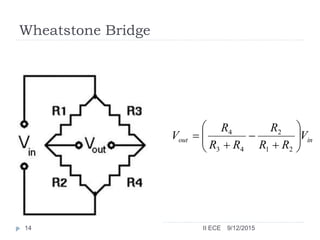 Wheatstone Bridge
inout V
RR
R
RR
R
V 









21
2
43
4
9/12/201514 II ECE
 