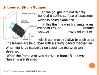Unbonded Strain Gauges
 These gauges are not directly
bonded bonded onto the surface of specimen
 which is being examined.
 In this the fine wire filaments ie res
resistance wires are stretched around around
rigid and electrically insulated insulated pins on
two frames A & B.
which can move relative to each other.
The frames are held close with a spring loaded mechanism.
 When the force is applied on speciman the wires are
stretched.
 When the frame A moves relative to frame B, the wire
filaments are strained.
Prof. P.B. Borakhede, MGI-COET, Shegaon
 