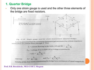 1. Quarter Bridge
 Only one strain gauge is used and the other three elements of
the bridge are fixed resistors.
Prof. P.B. Borakhede, MGI-COET, Shegaon
 