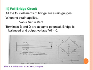 iii) Full Bridge Circuit
All the four elements of bridge are strain gauges.
When no strain applied,
Vab = Vad = Vs/2
Terminals B and D are at same potential. Bridge is
balanced and output voltage V0 = 0.
Prof. P.B. Borakhede, MGI-COET, Shegaon
 