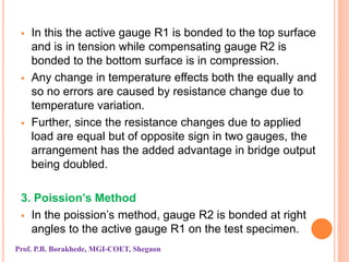  In this the active gauge R1 is bonded to the top surface
and is in tension while compensating gauge R2 is
bonded to the bottom surface is in compression.
 Any change in temperature effects both the equally and
so no errors are caused by resistance change due to
temperature variation.
 Further, since the resistance changes due to applied
load are equal but of opposite sign in two gauges, the
arrangement has the added advantage in bridge output
being doubled.
3. Poission’s Method
 In the poission’s method, gauge R2 is bonded at right
angles to the active gauge R1 on the test specimen.
Prof. P.B. Borakhede, MGI-COET, Shegaon
 