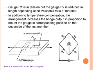  Gauge R1 is in tension but the gauge R2 is reduced in
length depending upon Poisson’s ratio of material.
 In addition to temperature compensation, the
arrangement increases the bridge output in proportion to
mount the gauge in corresponding position on the
underside of the test member.
Prof. P.B. Borakhede, MGI-COET, Shegaon
 