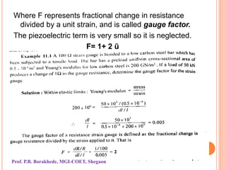 Where F represents fractional change in resistance
divided by a unit strain, and is called gauge factor.
The piezoelectric term is very small so it is neglected.
F= 1+ 2 ũ
Prof. P.B. Borakhede, MGI-COET, Shegaon
 