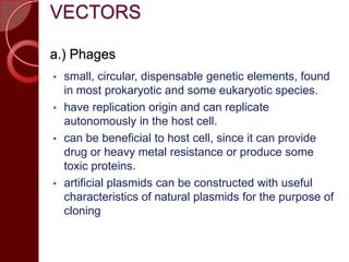 VECTORS
a.) Phages
• small, circular, dispensable genetic elements, found
in most prokaryotic and some eukaryotic species.
• have replication origin and can replicate
autonomously in the host cell.
• can be beneficial to host cell, since it can provide
drug or heavy metal resistance or produce some
toxic proteins.
• artificial plasmids can be constructed with useful
characteristics of natural plasmids for the purpose of
cloning
 