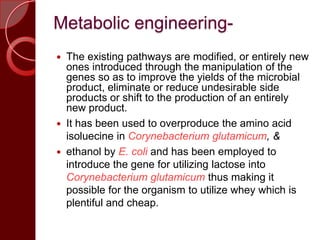 Metabolic engineering-
 The existing pathways are modified, or entirely new
ones introduced through the manipulation of the
genes so as to improve the yields of the microbial
product, eliminate or reduce undesirable side
products or shift to the production of an entirely
new product.
 It has been used to overproduce the amino acid
isoluecine in Corynebacterium glutamicum, &
 ethanol by E. coli and has been employed to
introduce the gene for utilizing lactose into
Corynebacterium glutamicum thus making it
possible for the organism to utilize whey which is
plentiful and cheap.
 