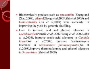  Biochemically products such as astaxanthin (Zheng and
Zhao,2008), ethanol(Gong et al,2008;Shi et al,2009) and
bioinsectisides (Jin et al,2009) were successful in
improving the yield by genomic shuffling.
 Used to increase acid and glucose tolerance in
Lactobaccilus(Patnaik et al ,2002;Wang et al, 2007;John
et al,2008), improve acetic acid tolerance in Candida
krusei(Wei et al,2008), enhance Pristinaamycin
tolerance in Streptomyces pristinaespiralis(Xu et
al,2008),improve thermotolerance and ethanol tolerance
in S.cerevisiae (Shi et al,2009)
 