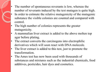 • The number of spontaneous reverants is low, whereas the
number of reverants induced by the test mutagen is quite high.
• In order to estimate the relative mutagenicity of the mutagenic
substance the visible colonies are counted and compared with
control.
• The high number of colonies represents the greater
mutagenicity.
• A mammalian liver extract is added to the above molten top
agar before plating.
• The extract converts the carcinogens into electrophilic
derivatives which will soon react with DNA molecule.
• The liver extract is added to this test, just to promote the
transformation.
• The Ames test has now been used with thousands of
substances and mixtures such as the industrial chemicals, food
additives, pesticides, hair dyes and cosmetics.
 