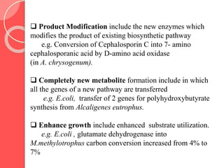  Product Modification include the new enzymes which
modifies the product of existing biosynthetic pathway
e.g. Conversion of Cephalosporin C into 7- amino
cephalosporanic acid by D-amino acid oxidase
(in A. chrysogenum).
 Completely new metabolite formation include in which
all the genes of a new pathway are transferred
e.g. E.coli, transfer of 2 genes for polyhydroxybutyrate
synthesis from Alcaligenes eutrophus.
 Enhance growth include enhanced substrate utilization.
e.g. E.coli , glutamate dehydrogenase into
M.methylotrophus carbon conversion increased from 4% to
7%
 