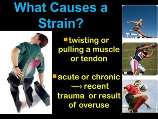 twisting or
pulling a muscle
or tendon
acute or chronic
—› recent
trauma or result
of overuse
 