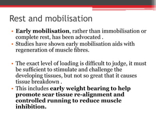 Rest and mobilisation
• Early mobilisation, rather than immobilisation or
complete rest, has been advocated .
• Studies have shown early mobilisation aids with
regeneration of muscle ﬁbres.
• The exact level of loading is difﬁcult to judge, it must
be sufﬁcient to stimulate and challenge the
developing tissues, but not so great that it causes
tissue breakdown .
• This includes early weight bearing to help
promote scar tissue re-alignment and
controlled running to reduce muscle
inhibition.
 