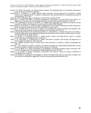 Valiune, D. & Perminas, A. (2016). Differences in anger, aggression, bullying among adolescents in different self-esteem groups. Global
Journal of Counseling and Guidance in Schools: Current Perspectives. 6(3), 61-67.
67
Koruklu, N. (2015). Personality and Social Problem-Solving: The Mediating Role of Self-Esteem. Educational
Sciences: Theory & Practice, 2, 481-487.
Krisstensson, P., & Ohlund L. S. (2005). Swedish upper secondary school pupils‘sense of coherence, coping
resources and aggressiveness in relation to educational track and performance. Scandinavian Journal of
caring sciences, 19, 77−84.
Lowth, M. (2015). Managing anger in adolescents. Practice Nurse, 45(12), 18-23.
Morsunbul, U. (2015). The Effect of Identity Development, Self-Esteem, Low Self-Control and Gender on
Aggression in Adolescence and Emerging Adulthood. Journal of Educational Research, 61, 99-116.
Nichols, T.R., Mahadeo, M., Bryant, K., & Botvin, G. J. (2008). Examining anger as a predictor of drug use among
multiethnic middle school students. Journal of School Health, 78(9), 480-486.
Normantaite, D., & Perminas, A. (2013). Changes in Aggression of 13-17 year-old Adolescents after Intervention
Based on Cognitive-behavioural Therapy. Social Sciences, 79(1), 46-55.
Rentzsch, K., Schroder-Abe, M., & Schutz, A. (2015). Envy mediates the relation between low academic self-
esteem and hostile tendencies. Journal of Research in Personality, 58, 143-153.
Sarkova, M., Bacikova-Sleskova, M., Madarasova Geckova, A., Katreniakova, Z., van den Heuvel, W., & van Dijk, J.
P. (2014). Adolescents’ psychological well-being and self-esteem in the context of relationships at school.
Educational Research, 56(4), 367-378.
Seixas, S., Coelho, J., & Nicholas-Fischer, G. (2013). Bullies, victims and bully-victims: Impact on health
profile. Educacao, Sociedade & Culturas, 38, 53-75.
Taylor, L. D., Davis-Kean, P., & Malanchuk, O. (2007). Self-esteem, academic self-concept, and aggression at
school. Aggressive Behavior, 33(2), 130-136.
Tilindienė, I. (2006). Paaugliy is pilnų ir nepilny seimy saves vertinimas ir santykis su aplinka. Pedagogika, 83,
148–153.
Tanrikulu, I., & Campbell, M. (2015). Correlates of traditional bullying and cyberbullying perpetration among
Australian students. Children and youth services review, 55, 138-146.
Turner, K. A., & White, B. A. (2015). Contingent on contingencies: Connections between anger rumination, self-
esteem, and aggression. Personality and Individual Differences, 82, 199-202.
Walker, J., & Knauer, V. (2011). Humiliation, self-esteem and violence. Journal of Forensic Psychiatry &
Psychology, 22(5), 724-741.
Yavuzer, Y., Karatas, Z., Civilidag, A., & Gundogdu, R. (2014). The Role of Peer Pressure, Automatic Thoughts and
Self-Esteem on Adolescents’ Aggression. Eurasian Journal of Educational Research, 61.
View publication stats
View publication stats
 