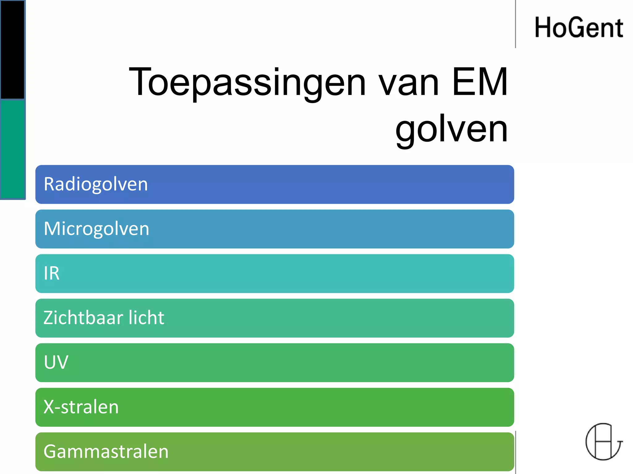 Toepassingen van EM
golven
Radiogolven
Microgolven
IR
Zichtbaar licht
UV
X-stralen
Gammastralen
 