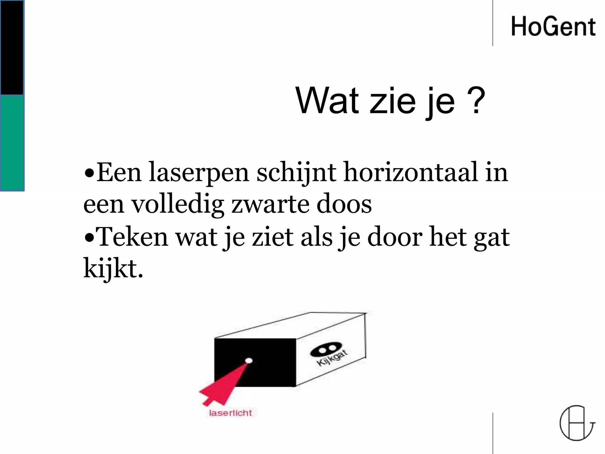 Wat zie je ?
Een laserpen schijnt horizontaal in
een volledig zwarte doos
Teken wat je ziet als je door het gat
kijkt.
 