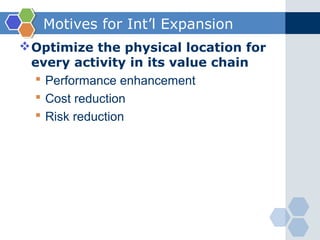 Motives for Int’l Expansion
 Optimize the physical location for
  every activity in its value chain
   Performance enhancement
   Cost reduction
   Risk reduction
 