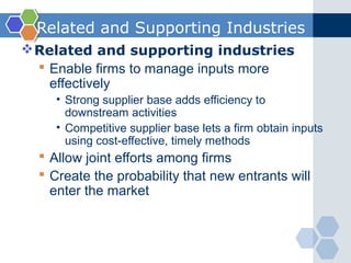 Related and Supporting Industries
 Related and supporting industries
   Enable firms to manage inputs more
    effectively
     • Strong supplier base adds efficiency to
       downstream activities
     • Competitive supplier base lets a firm obtain inputs
       using cost-effective, timely methods
   Allow joint efforts among firms
   Create the probability that new entrants will
    enter the market
 