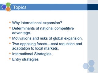 Topics


 Why international expansion?
 Determinants of national competitive
  advantage.
 Motivations and risks of global expansion.
 Two opposing forces—cost reduction and
  adaptation to local markets.
 International Strategies.
 Entry strategies
 