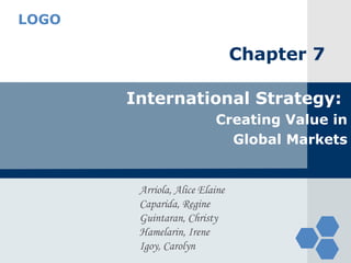 LOGO

                                Chapter 7

       International Strategy:
                          Creating Value in
                            Global Markets


        Arriola, Alice Elaine
        Caparida, Regine
        Guintaran, Christy
        Hamelarin, Irene
        Igoy, Carolyn
 