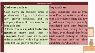 Cash cow quadrant
Cash Cows are business units or
products with a high market share but
low growth prospects, and the
comp...