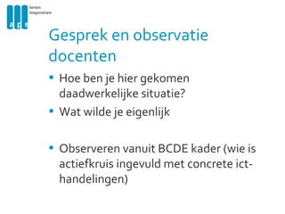 Gesprek en observatie docenten Hoe ben je hier gekomen daadwerkelijke situatie? Wat wilde je eigenlijk Observeren vanuit BCDE kader (wie is actiefkruis ingevuld met concrete ict-handelingen) 