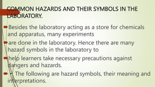 COMMON HAZARDS AND THEIR SYMBOLS IN THE
LABORATORY.
Besides the laboratory acting as a store for chemicals
and apparatus, many experiments
are done in the laboratory. Hence there are many
hazard symbols in the laboratory to
help learners take necessary precautions against
dangers and hazards.
▪ The following are hazard symbols, their meaning and
interpretations.
 