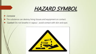 HAZARD SYMBOL
 Corrosive
 The substance can destroy living tissues and equipment on contact.
 Caution! Do not breathe in vapour ; avoid contact with skin and eyes
 