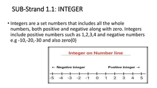 SUB-Strand 1.1: INTEGER
• Integers are a set numbers that includes all the whole
numbers, both positive and negative along with zero. Integers
include positive numbers such as 1,2,3,4 and negative numbers
e.g -10,-20,-30 and also zero(0)
 