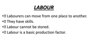 LABOUR
• Labourers can move from one place to another.
• They have skills.
• Labour cannot be stored.
• Labour is a basic production factor.
 